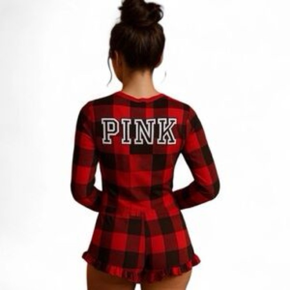PINK Victoria's Secret Shorts Romper Pajamas Red Black Buffalo Check Henley S